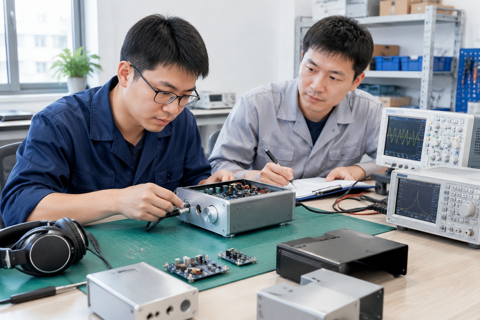 Engineers inspect a headphone amplifier prototype beside test equipment in a Chinese electronics workshop.