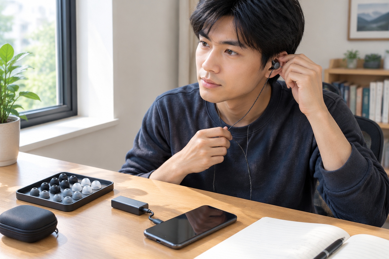 A listener checks the fit of wired in-ear monitors with several sizes of silicone ear tips on the desk.