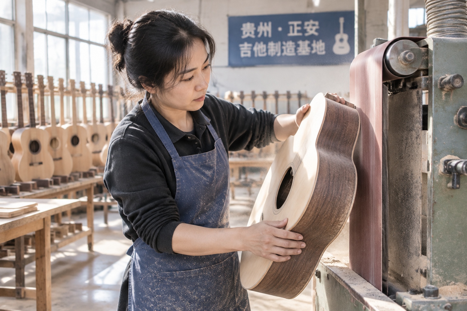 A female worker in a blue apron sanding an acoustic guitar body on a belt sander in a Zheng'an guitar factory in Guizhou, China
