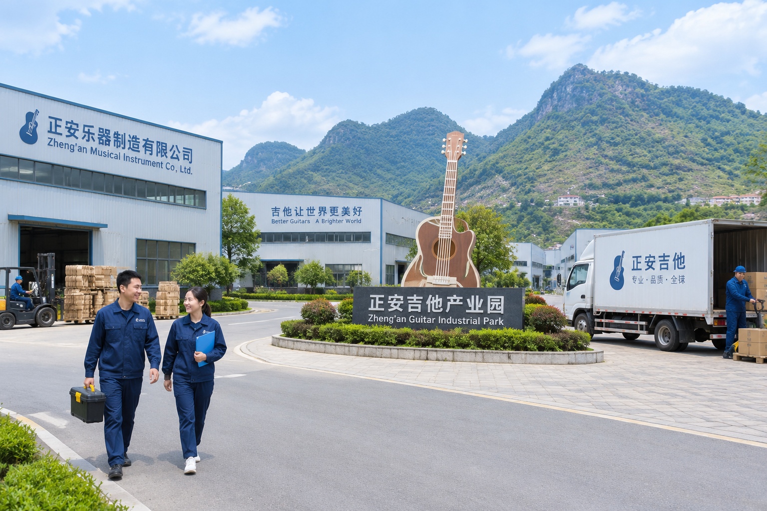 Exterior view of the Zheng'an guitar industrial park in Guizhou with factory buildings and surrounding mountains