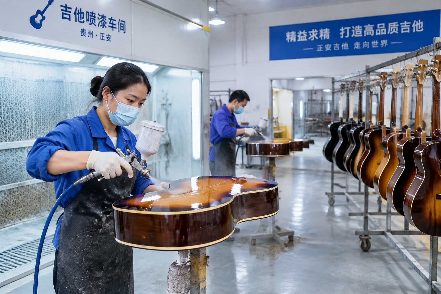 Workers in masks applying lacquer finish to guitar bodies in the spray room of a Zheng'an guitar factory
