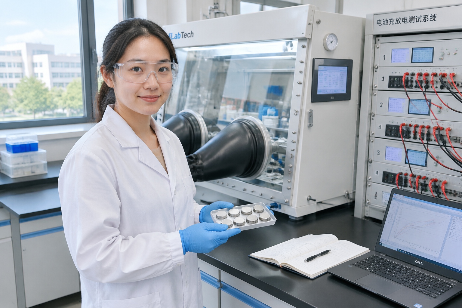 Researcher in a Chinese battery laboratory holding coin-cell test batteries beside a rack of testing equipment