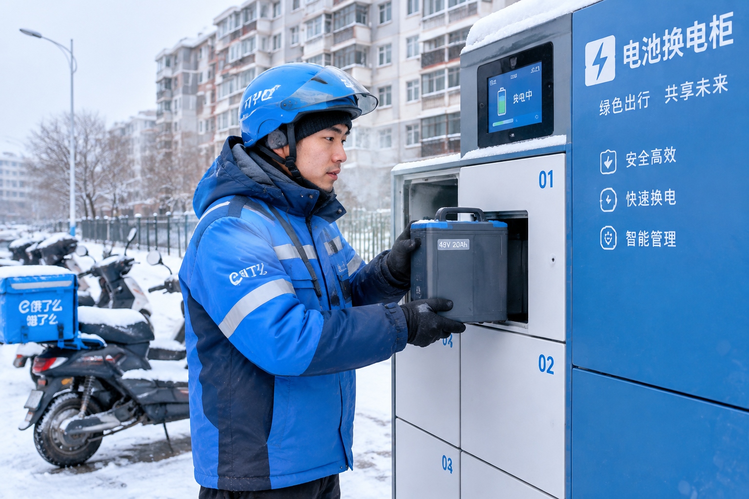 Delivery rider swapping a battery pack at an outdoor swap cabinet on a snowy street in a northern Chinese city