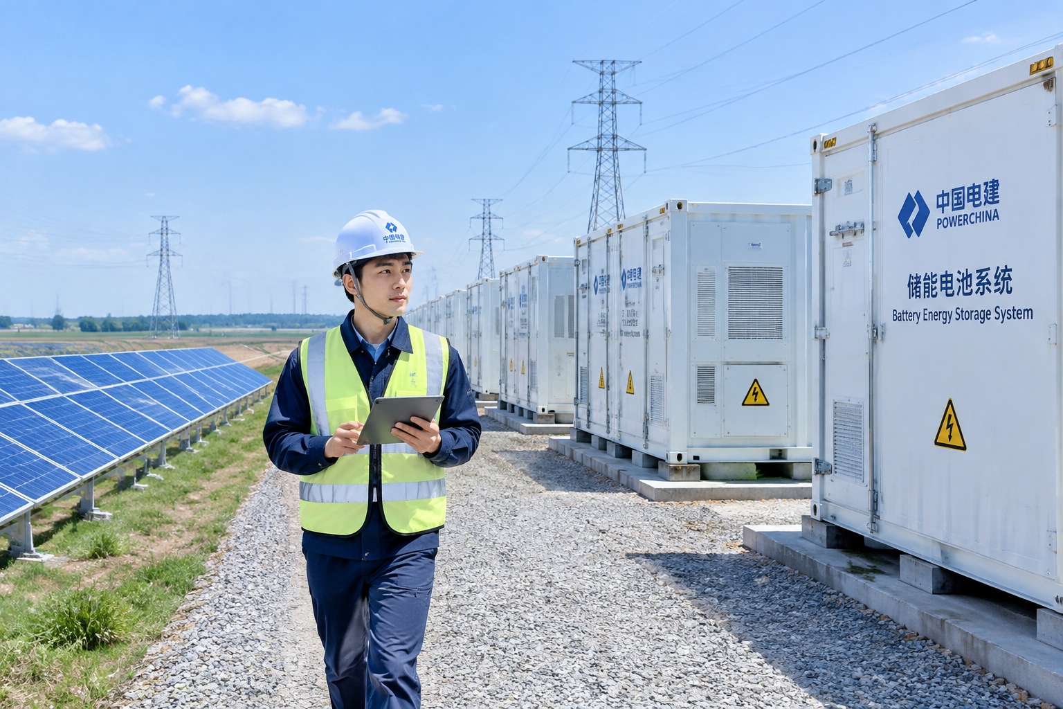 Engineer walking past rows of containerised battery storage units at a Chinese solar and grid storage site