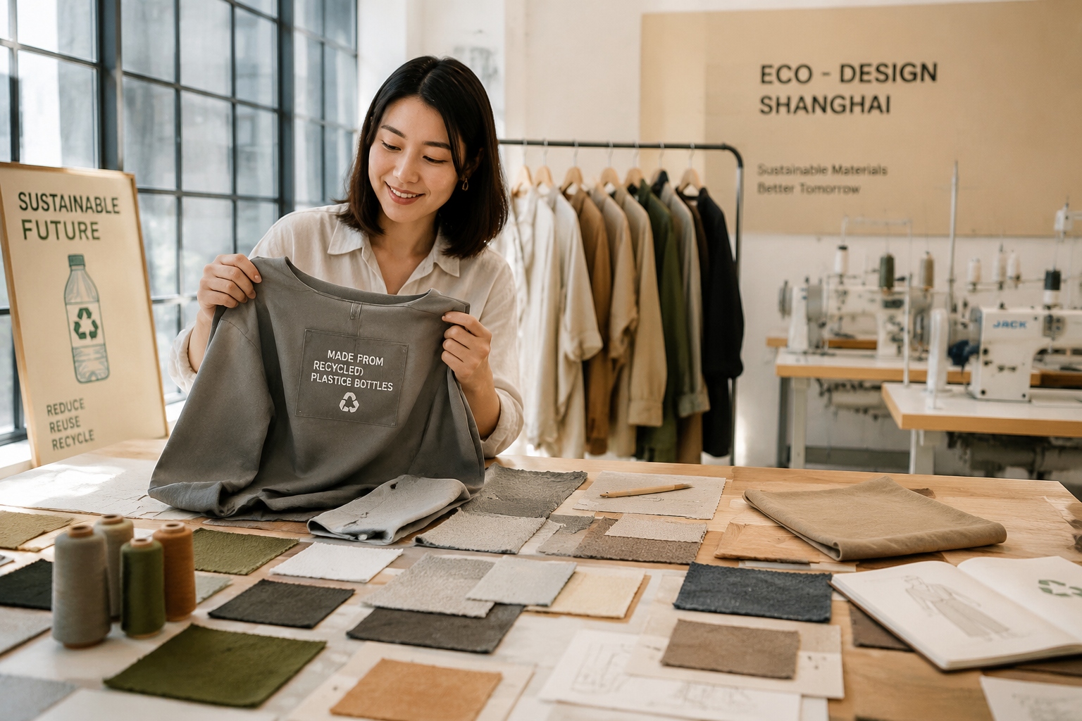 Chinese slow fashion designer holds a recycled polyester jacket in a Shanghai studio, showcasing sustainable materials.
