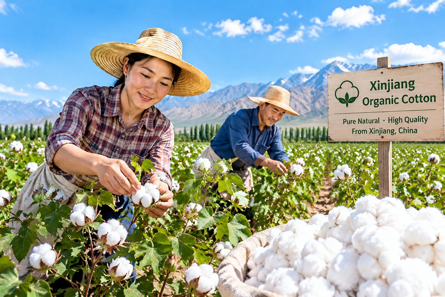 Farmers harvesting organic cotton in Xinjiang, China, under a clear blue sky.