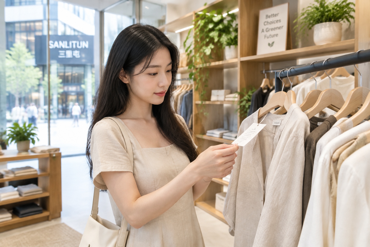 Young female shopper in Beijing checking a clothing label for recycled fiber content in a sustainable fashion store.