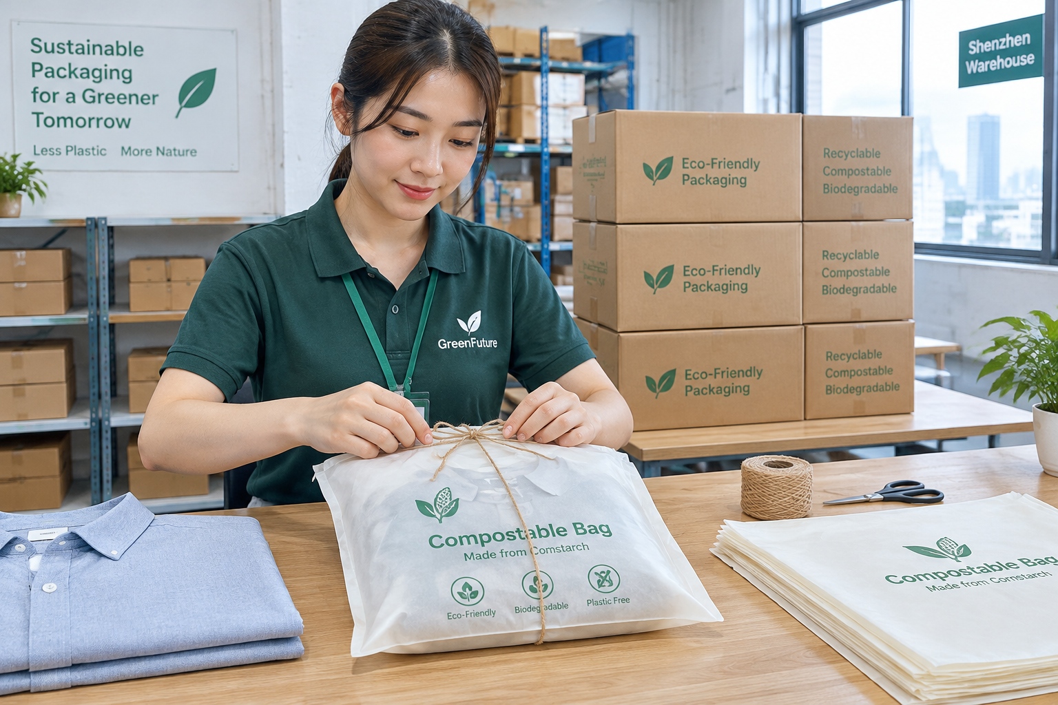 Worker in Shenzhen packing an eco-friendly shirt in a biodegradable cornstarch wrapper for shipment.