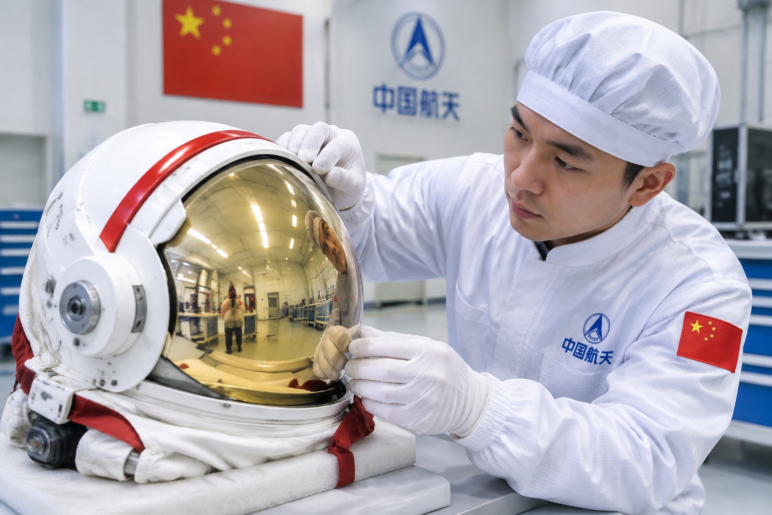 A gloved technician adjusting the gold-coated visor of a Feitian spacesuit helmet on a workbench