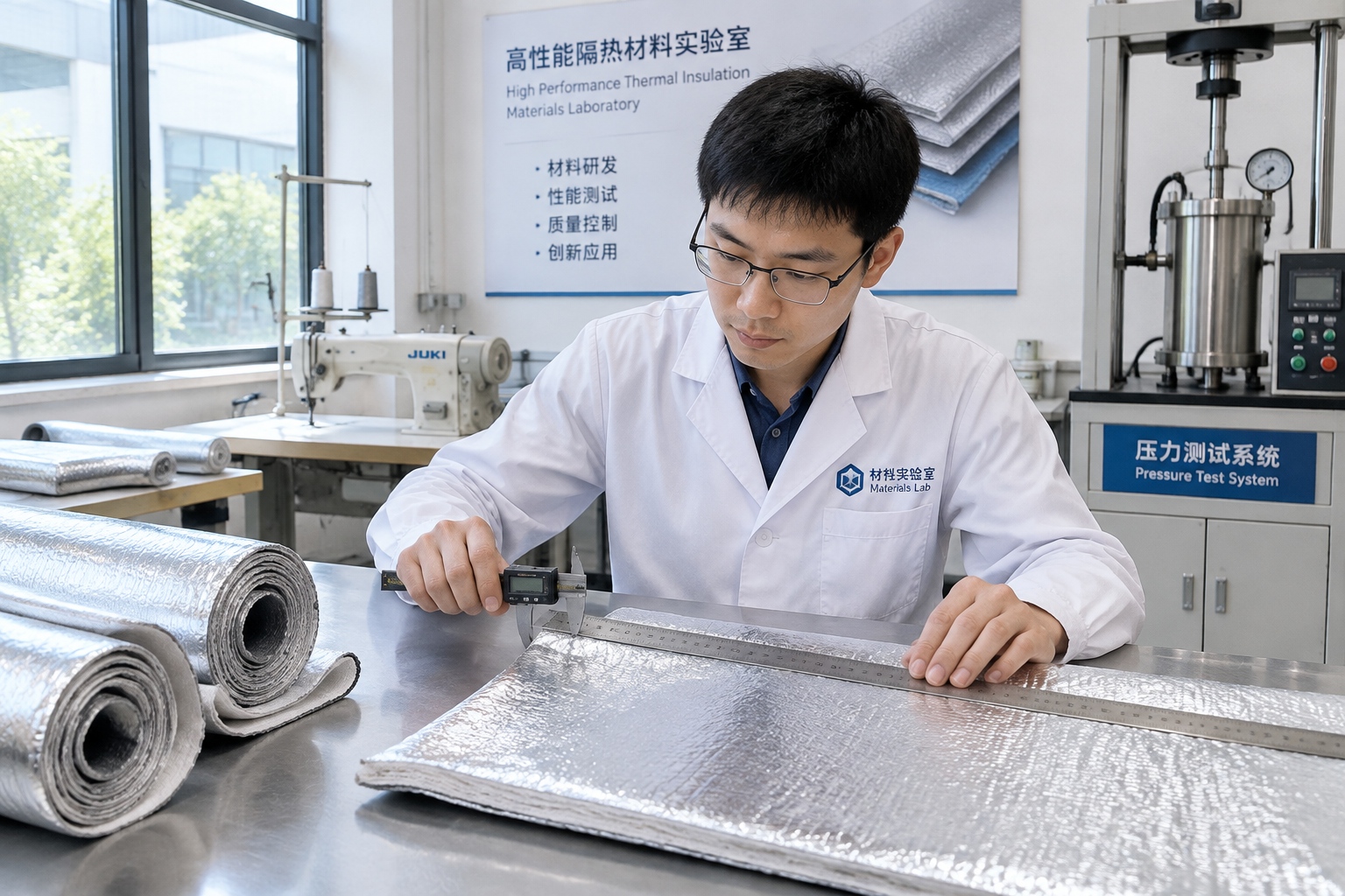 An engineer measuring a layer of aluminised thermal insulation fabric used in spacesuit manufacturing