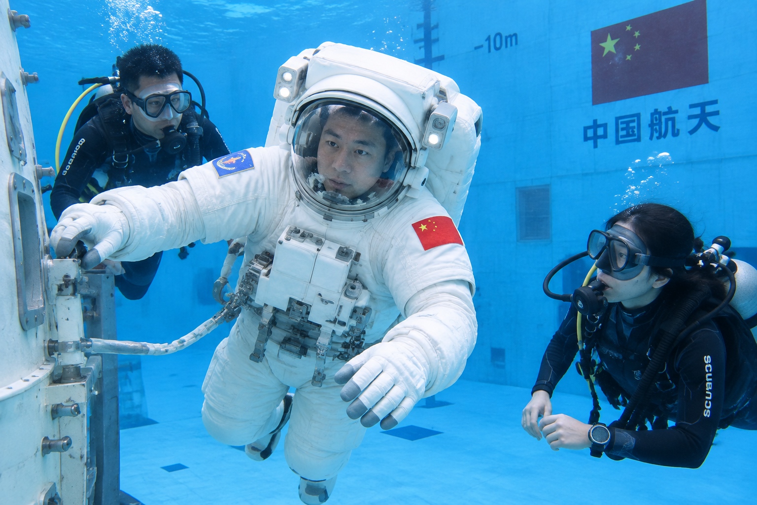 A suited astronaut practising a spacewalk underwater in a deep neutral buoyancy training pool while divers watch