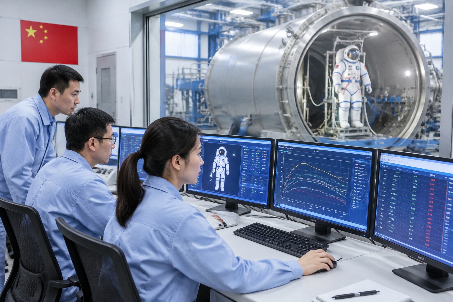 Engineers monitoring data during a spacesuit thermal vacuum test at a Chinese aerospace facility