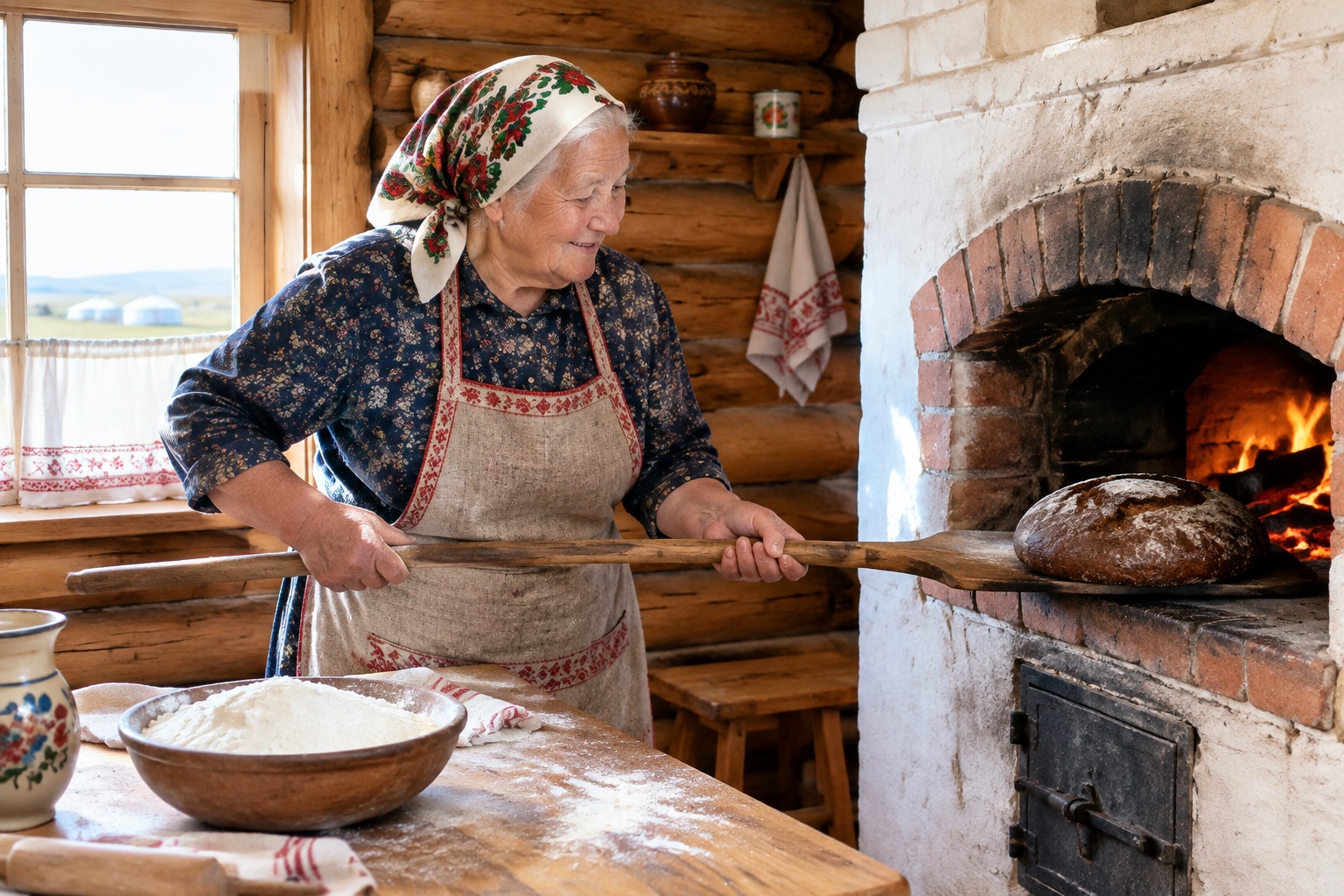 An elderly ethnic Russian woman in Inner Mongolia removing a round loaf of dark rye bread from a wood-fired oven in a log cabin kitchen