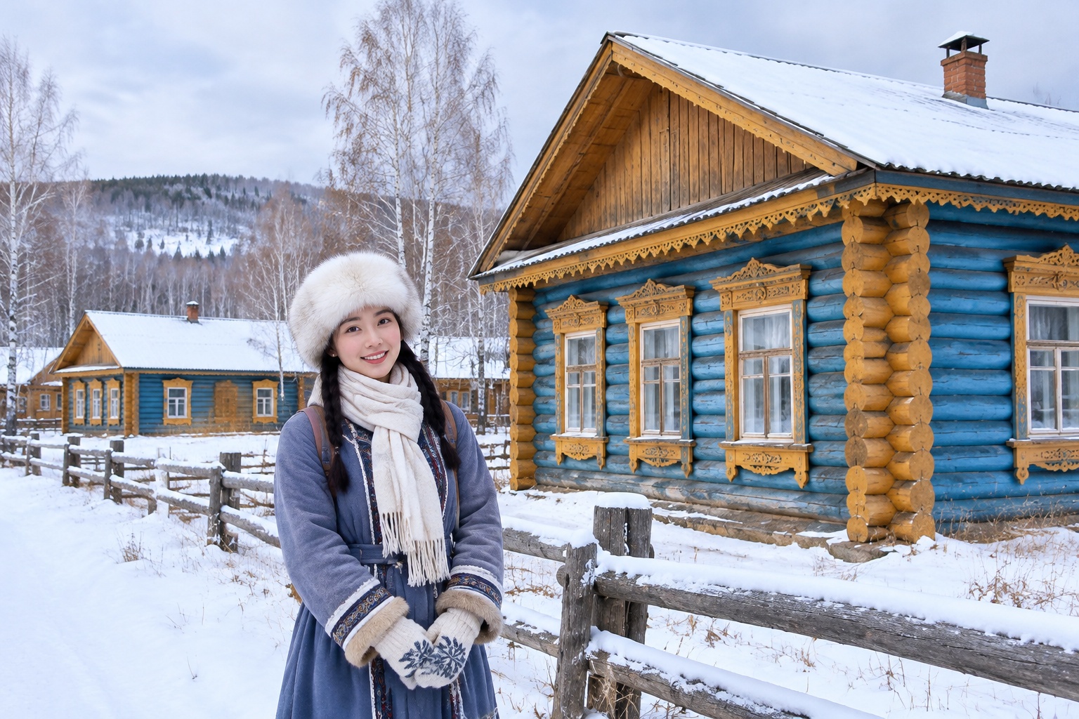 Traditional Russian-style wooden log houses called mukeleng in Enhe village in Inner Mongolia with birch forest behind them