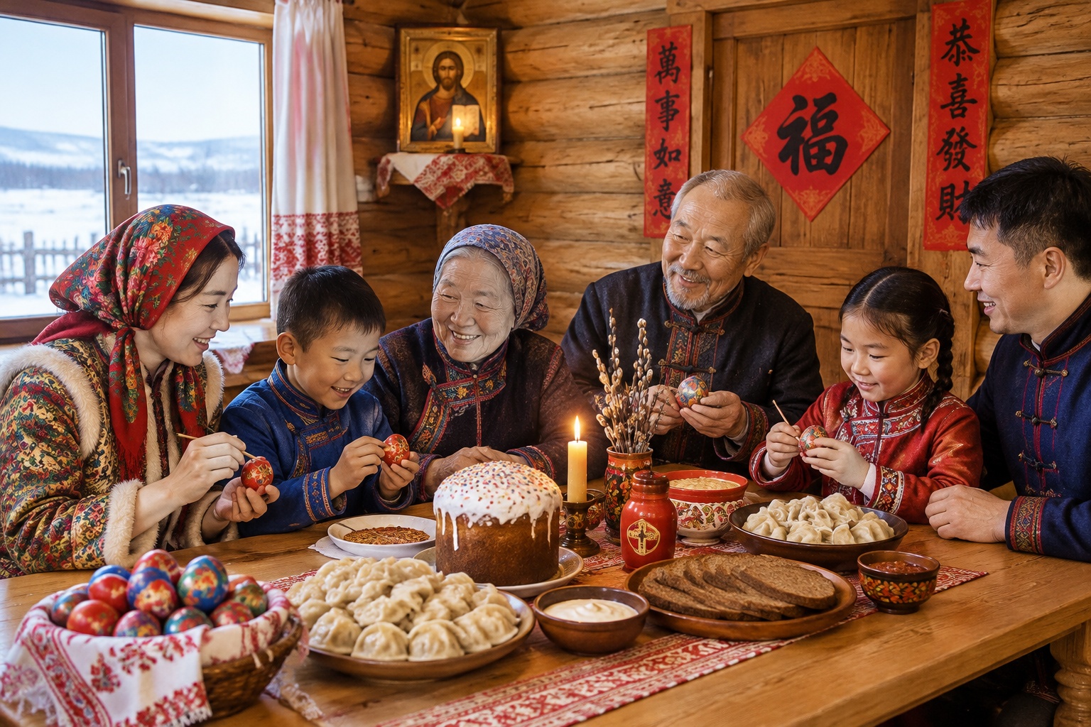 A family table in Inner Mongolia combining painted Easter eggs, Chinese dumplings and rye bread with red New Year couplets on the wall