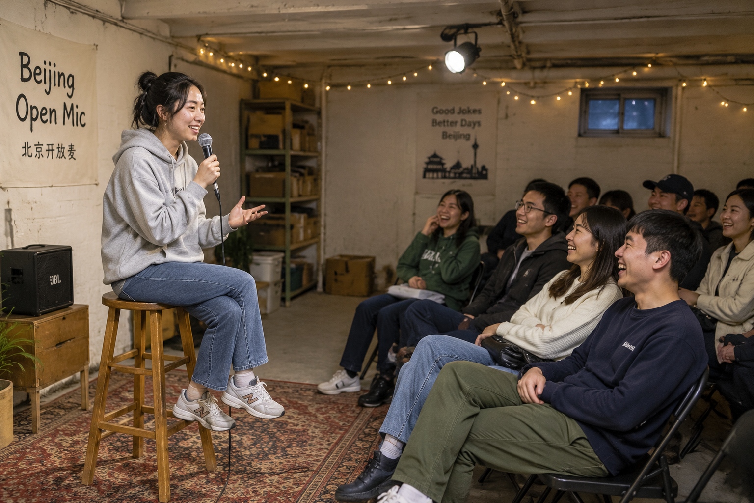 Young woman comedian performing stand-up to a packed basement audience at a Beijing open-mic night