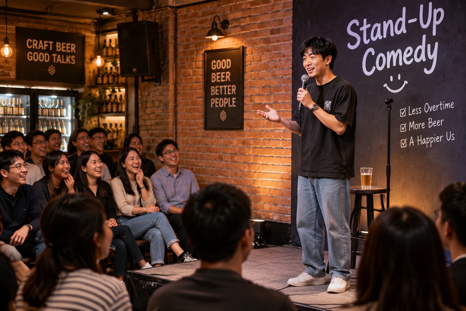 Comedian joking about 996 overtime culture to an audience of young office workers in a Chinese comedy club
