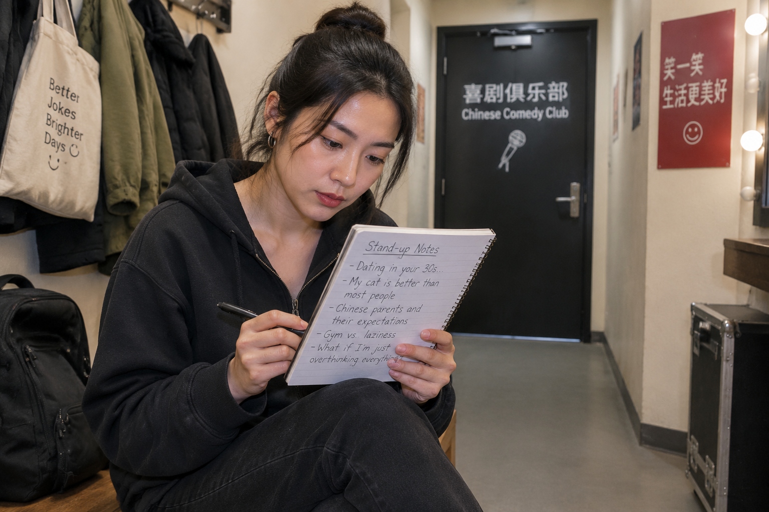 Chinese comedian reviewing handwritten joke notes backstage before a weekend stand-up showcase
