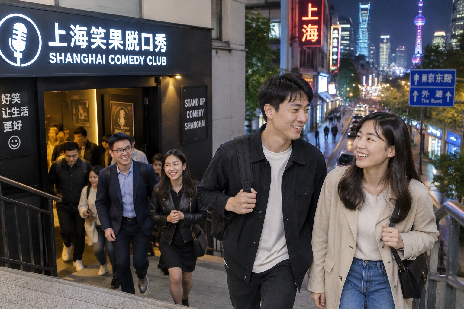 Audience members leaving a Shanghai stand-up comedy show and chatting on the street at night
