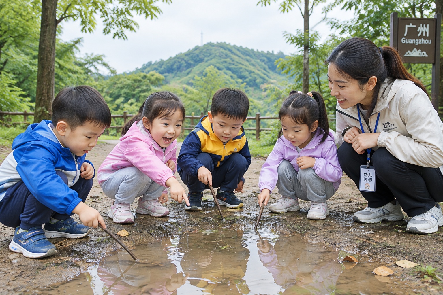 Young children at a Guangzhou forest kindergarten crouch around a muddy puddle, exploring with sticks while a teacher listens