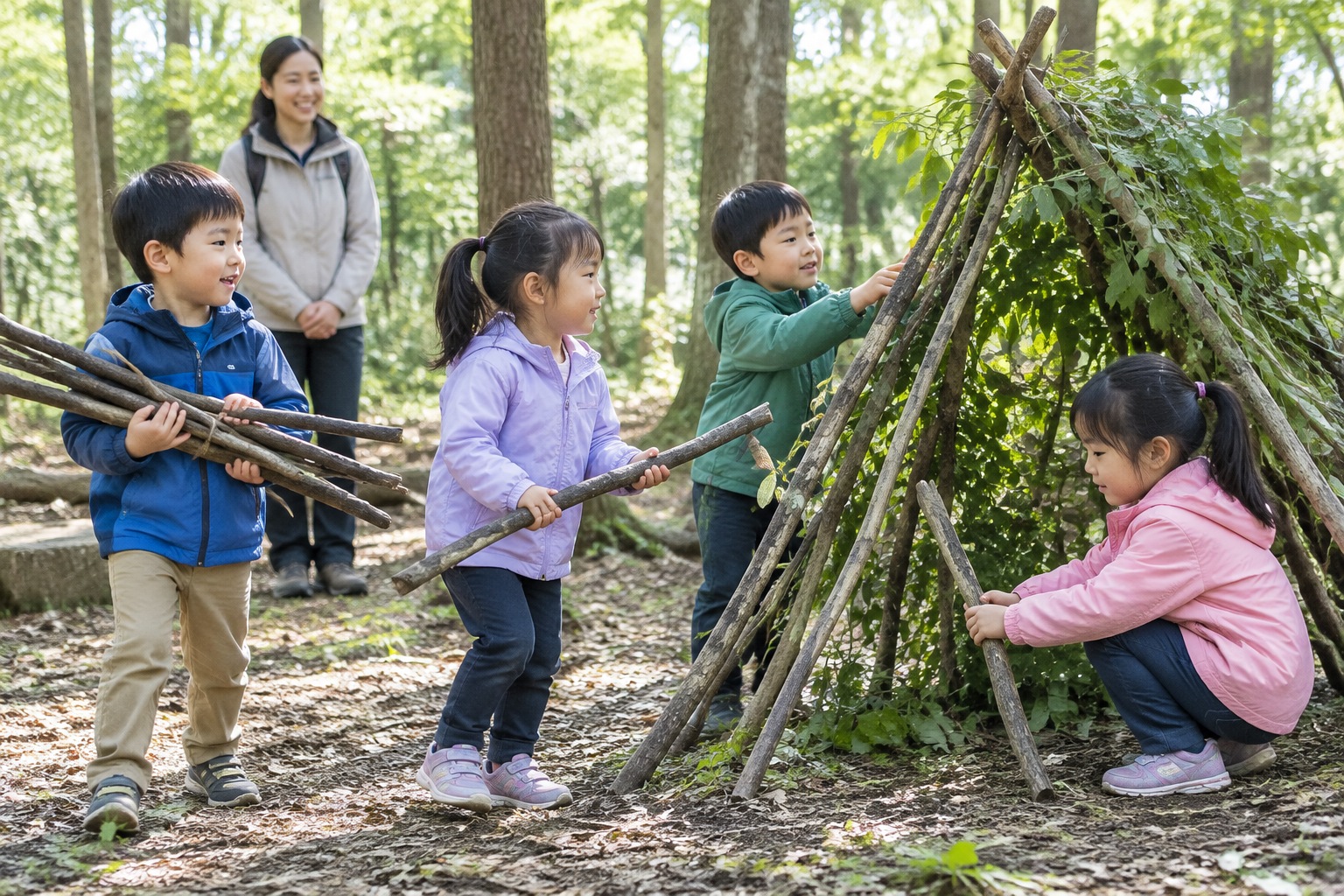 Preschool children build a shelter from branches at a forest kindergarten near Guangzhou while a teacher watches nearby