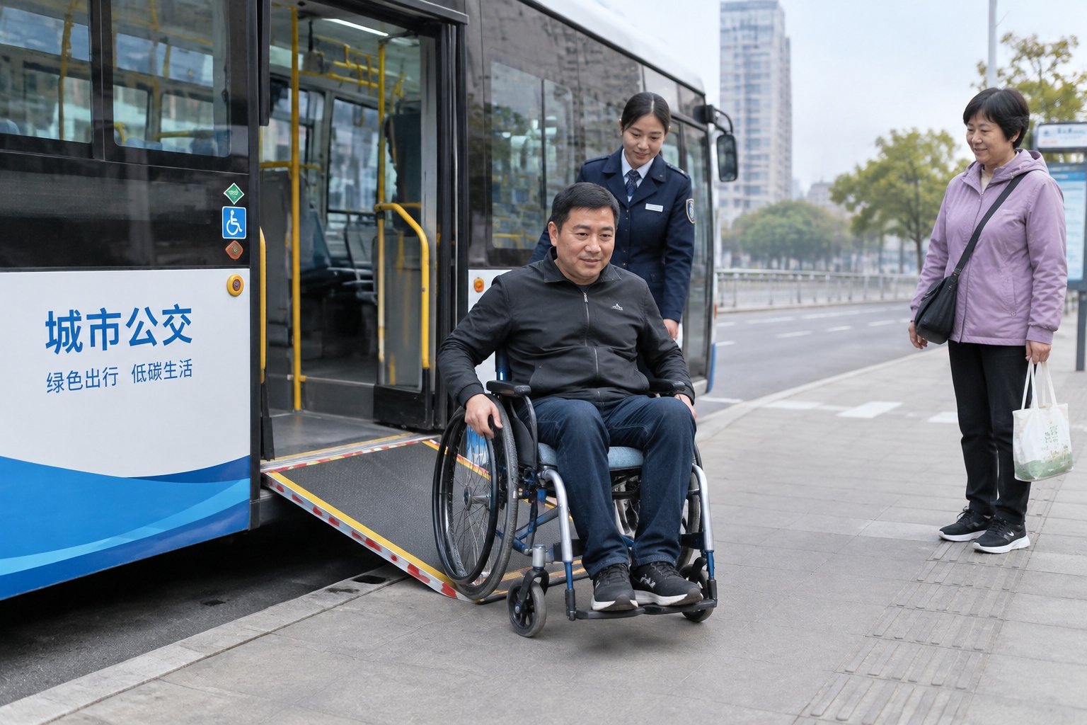 Wheelchair Friendly? Testing the Accessibility of China's Newest Cities 22 A wheelchair user exiting a city bus onto an accessible sidewalk in a Chinese city during the morning commute