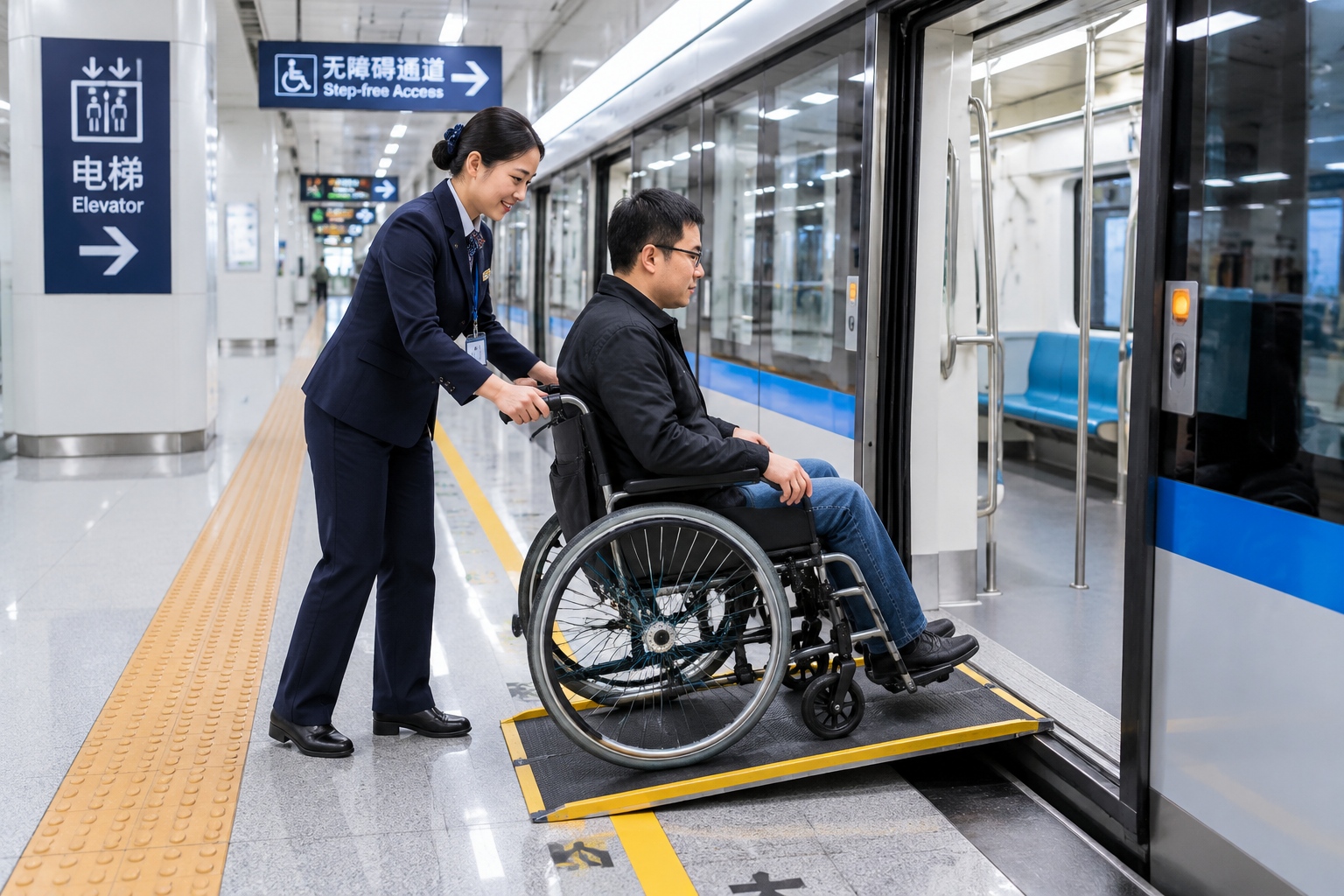 Wheelchair Friendly? Testing the Accessibility of China's Newest Cities 23 Metro staff helping a wheelchair user board a train with a portable ramp at a modern step-free station in China