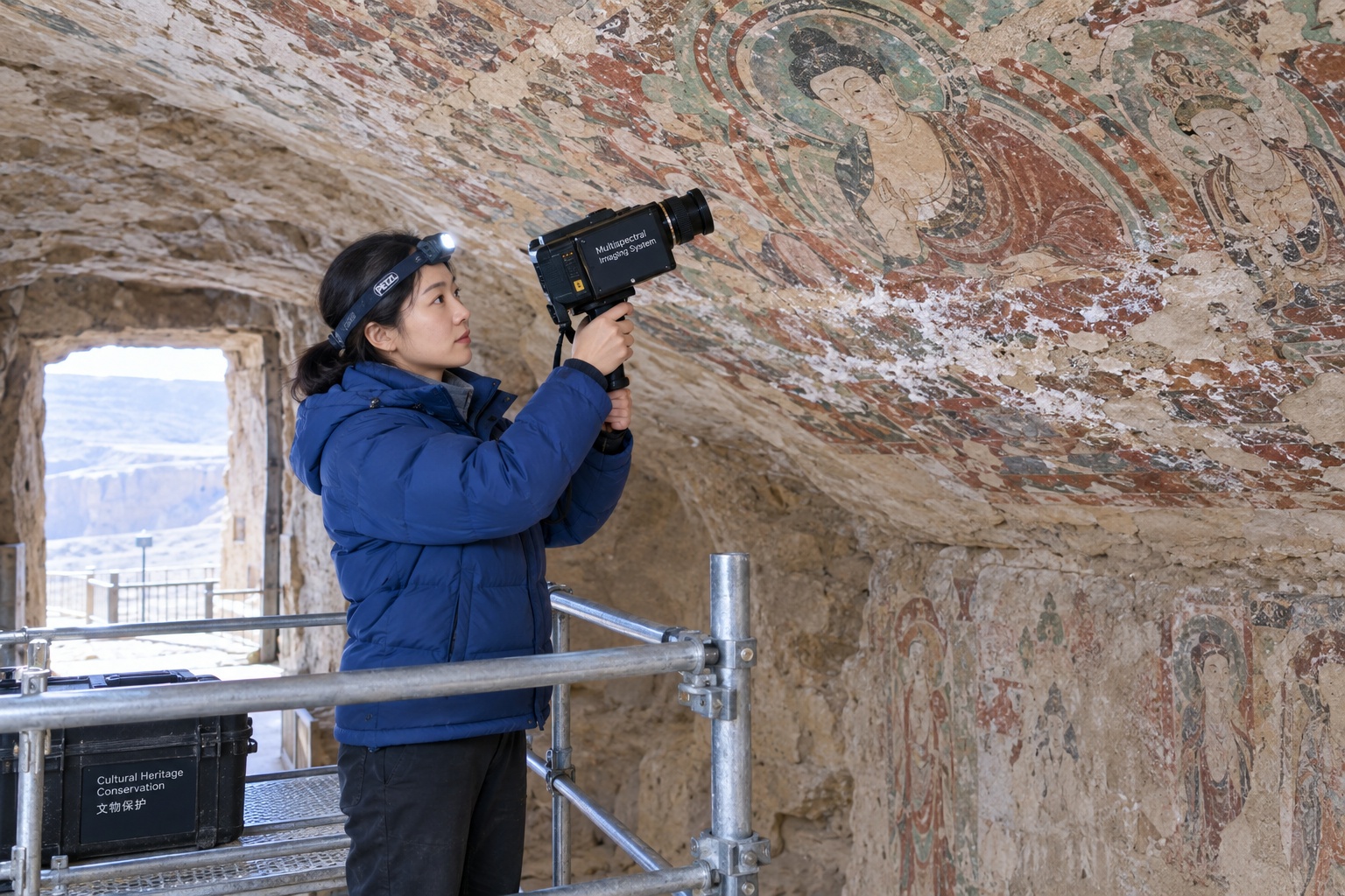 Conservator on a scaffold photographing a faded Buddhist ceiling mural with a multispectral camera inside a Mogao cave in Dunhuang
