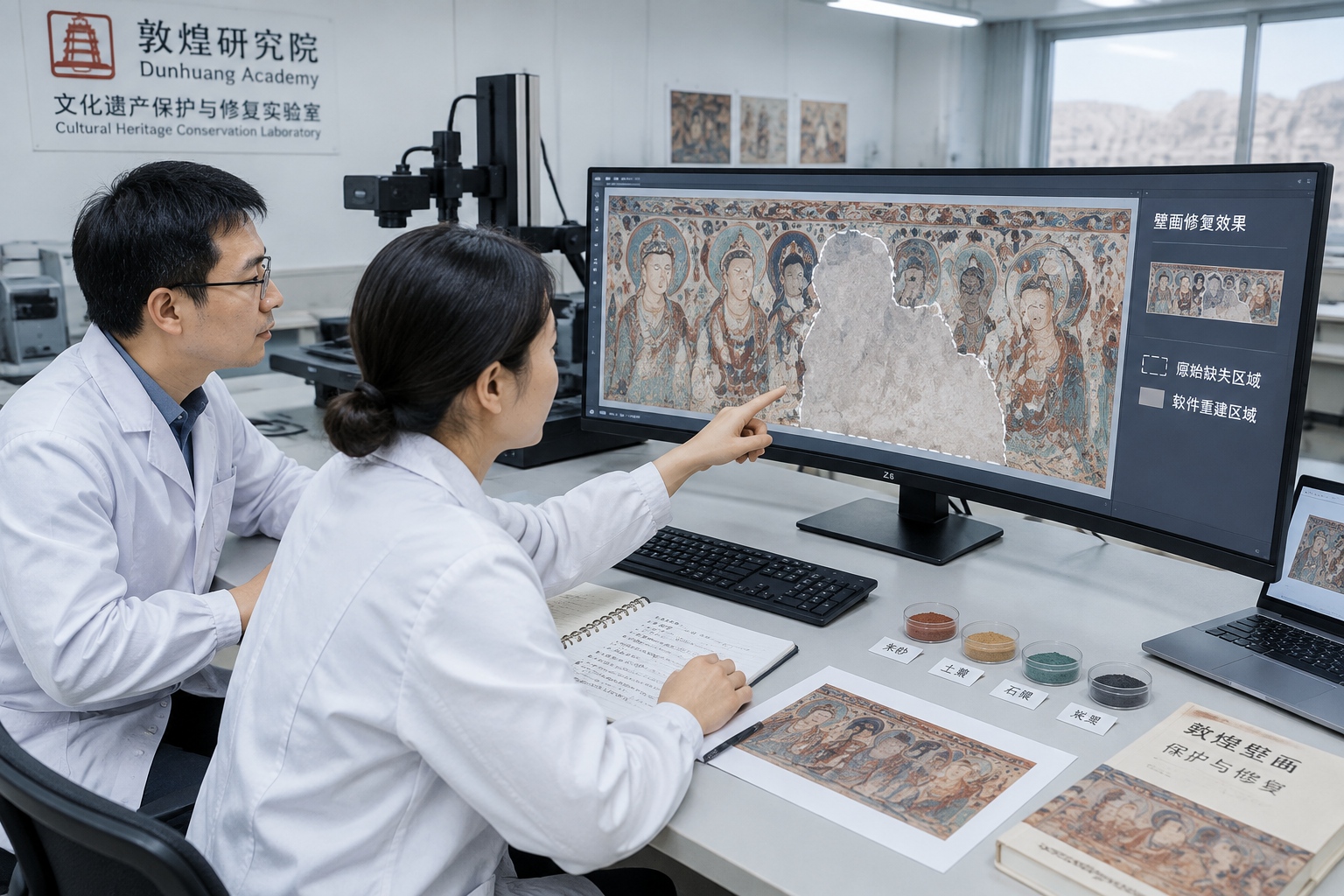Technicians in a Dunhuang conservation lab reviewing a mural with a digitally reconstructed missing section on a large monitor
