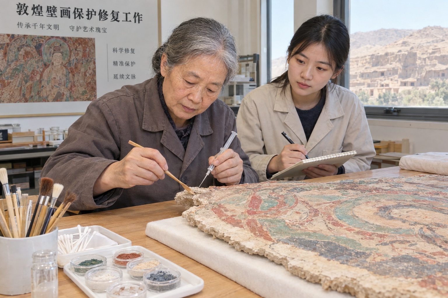 Elderly Chinese mural restorer using a bamboo knife beside a younger colleague in a Dunhuang conservation workshop