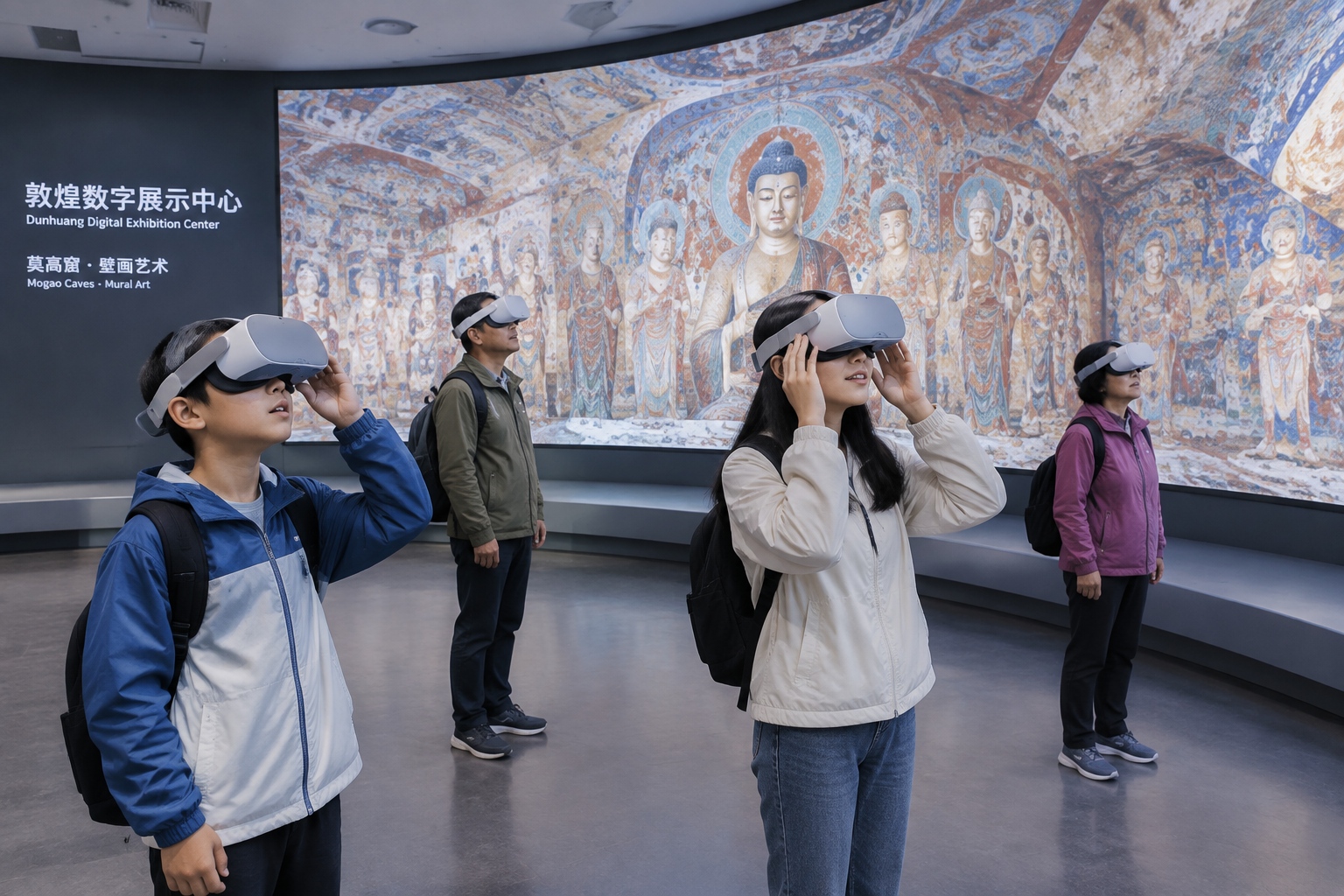 Visitors wearing VR headsets in front of a curved screen showing a high-resolution Mogao cave mural at a Dunhuang digital exhibition center