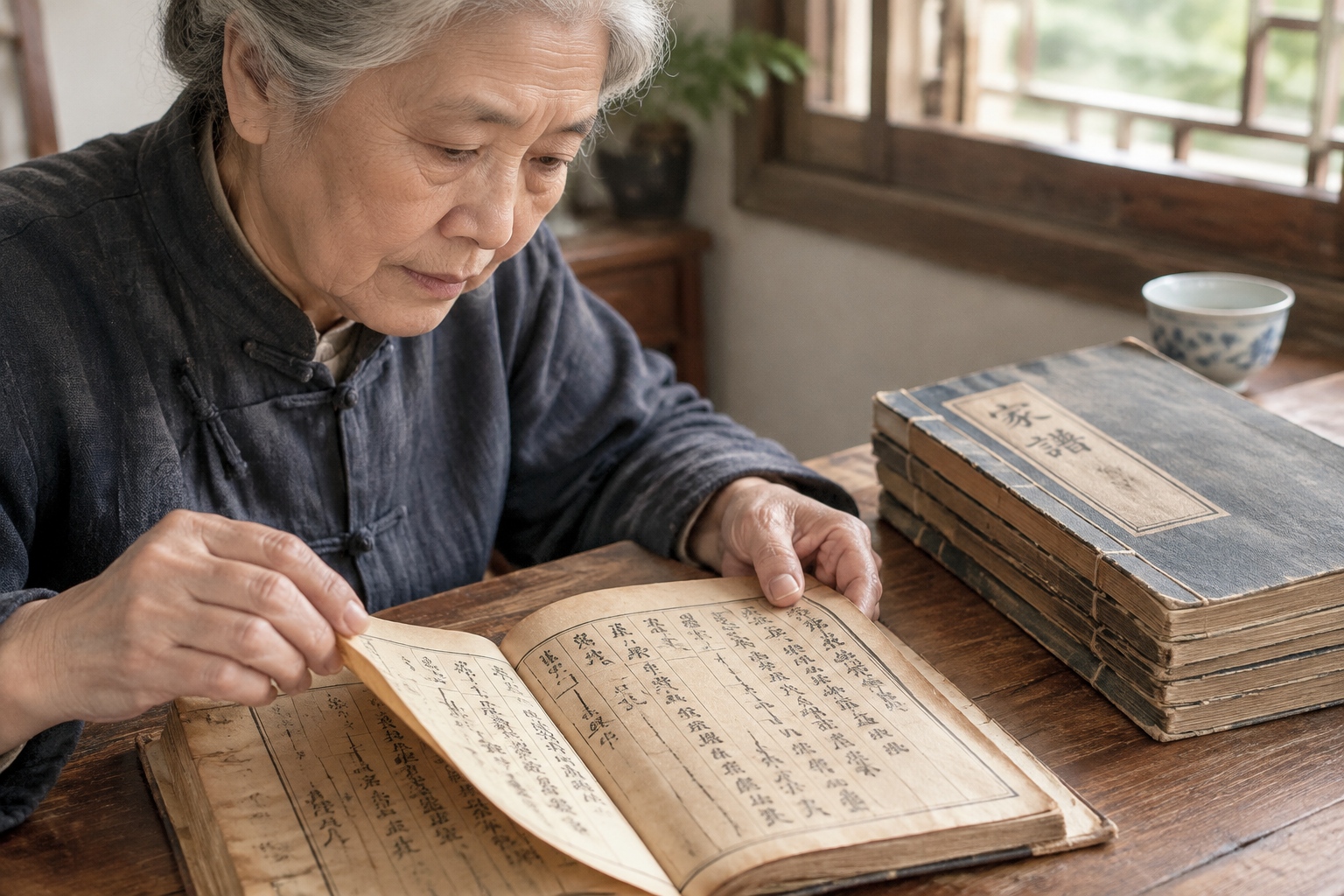 Aged thread-bound Chinese family genealogy books with faded ink on a wooden table, an elderly hand turning a fragile page