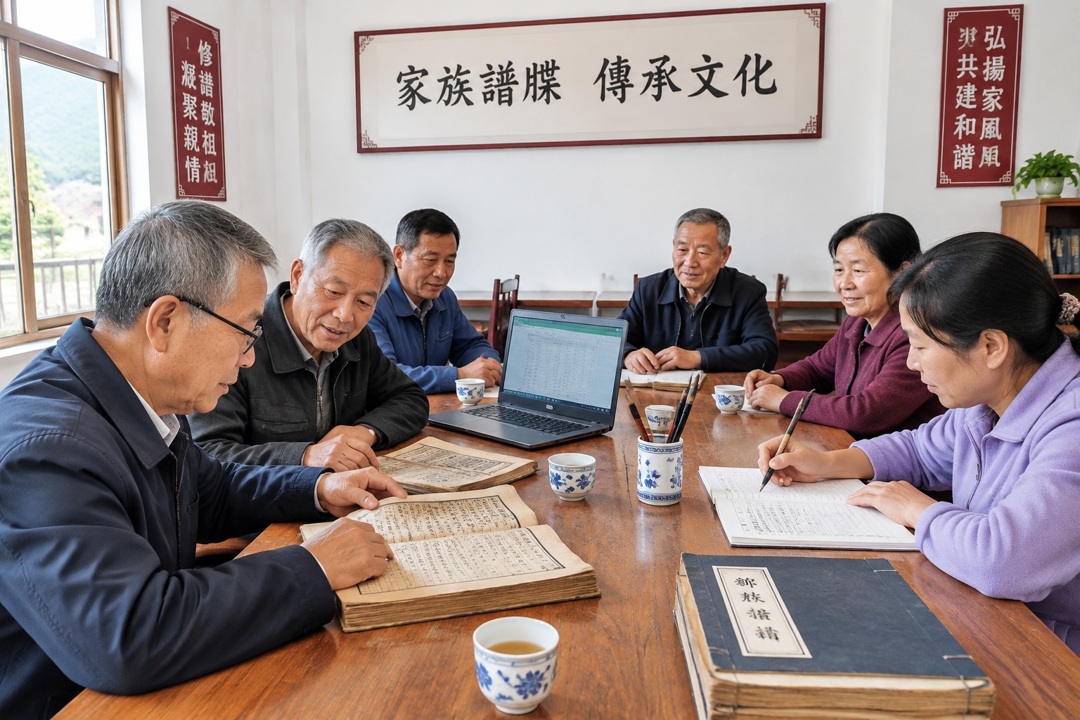 Villagers in a southern China ancestral hall recompiling a family genealogy, old books and a laptop side by side on a long table