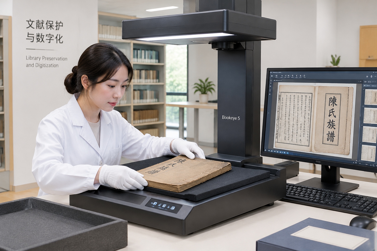 A technician digitizing a fragile old Chinese genealogy book under an overhead scanner in a library preservation room