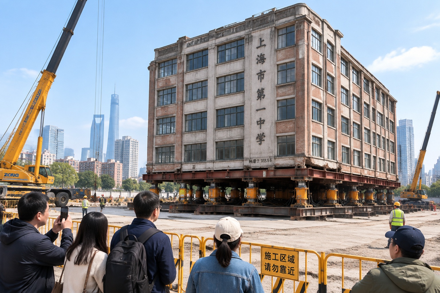 A historic 1930s school building lifted on hydraulic supports being moved across a Shanghai construction site while onlookers watch from behind barriers