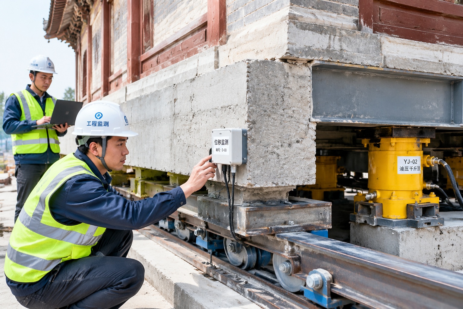 Close-up of a heritage building's reinforced concrete base sitting on steel sliding rails and hydraulic jacks with engineers checking monitoring sensors