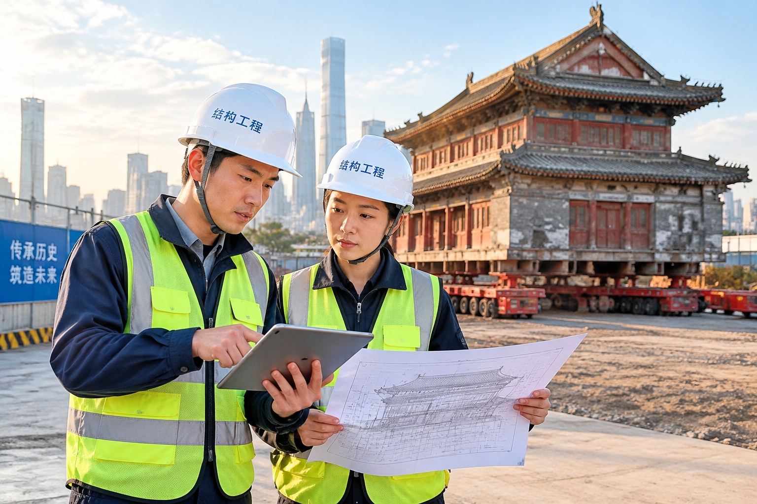 Two structural engineers in hard hats reviewing technical drawings on a construction site with a relocated historic building behind them