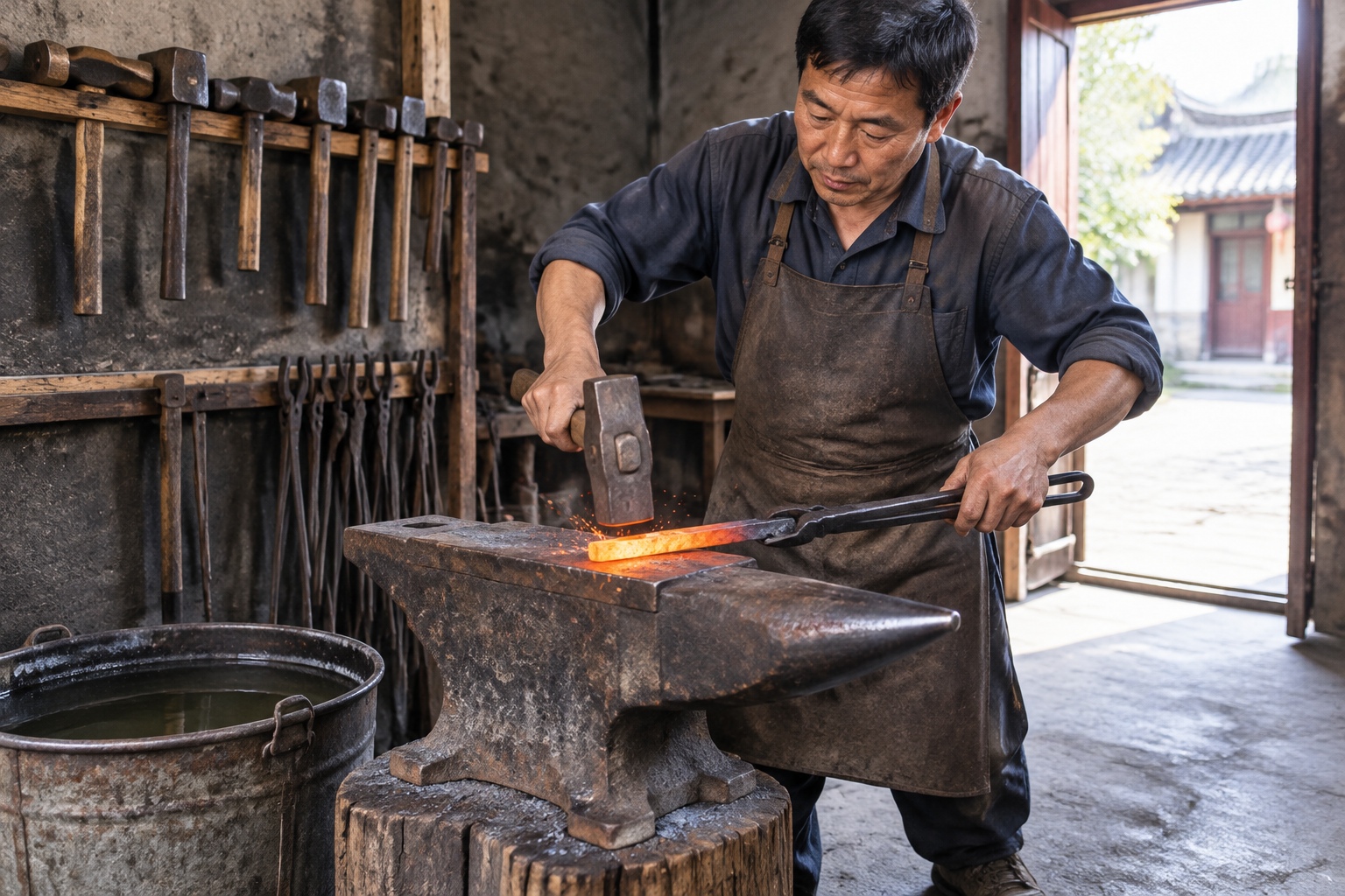 The Last Blacksmiths of the Grand Canal: Keeping the River's Soul Alive 22 Blacksmith's hands hammering glowing steel on an anvil inside a narrow workshop near the Grand Canal in Suzhou.