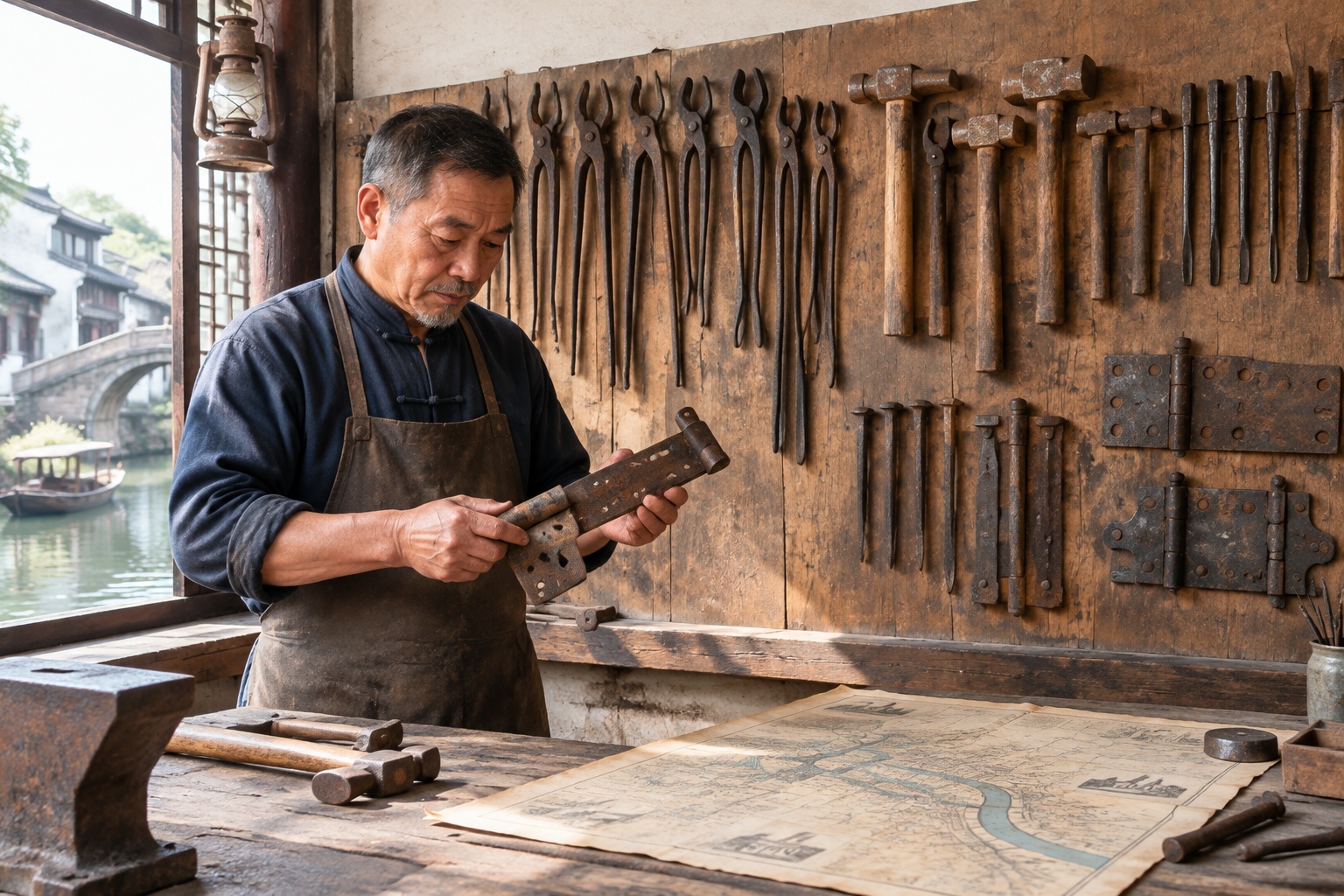 The Last Blacksmiths of the Grand Canal: Keeping the River's Soul Alive 23 Old blacksmith tools, ship nails and iron hinges hanging on a workshop wall near the Grand Canal in Suzhou.