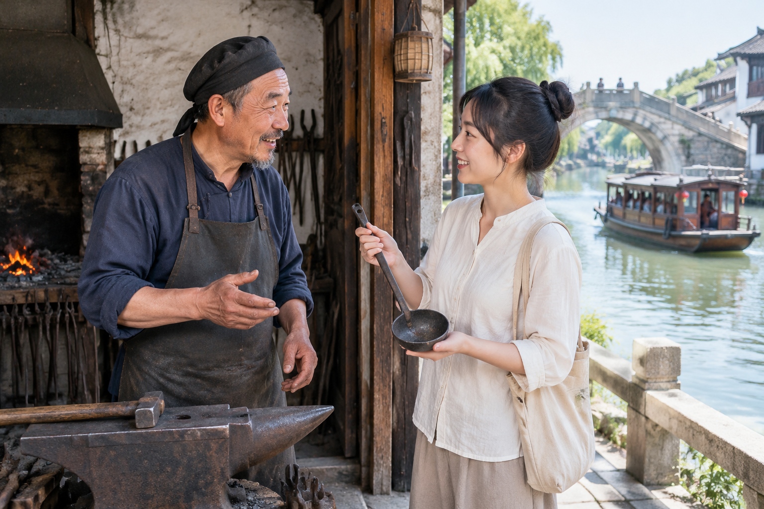 The Last Blacksmiths of the Grand Canal: Keeping the River's Soul Alive 24 An older blacksmith talks with a young customer outside his workshop by the Grand Canal in Suzhou.