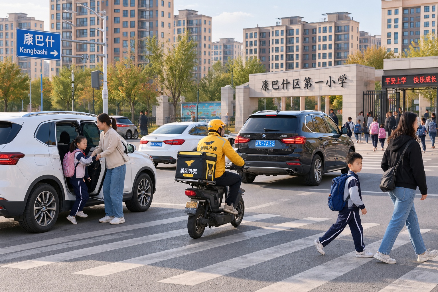 Morning traffic at a school-gate intersection in Kangbashi, Ordos, with cars and a delivery rider on a wide boulevard