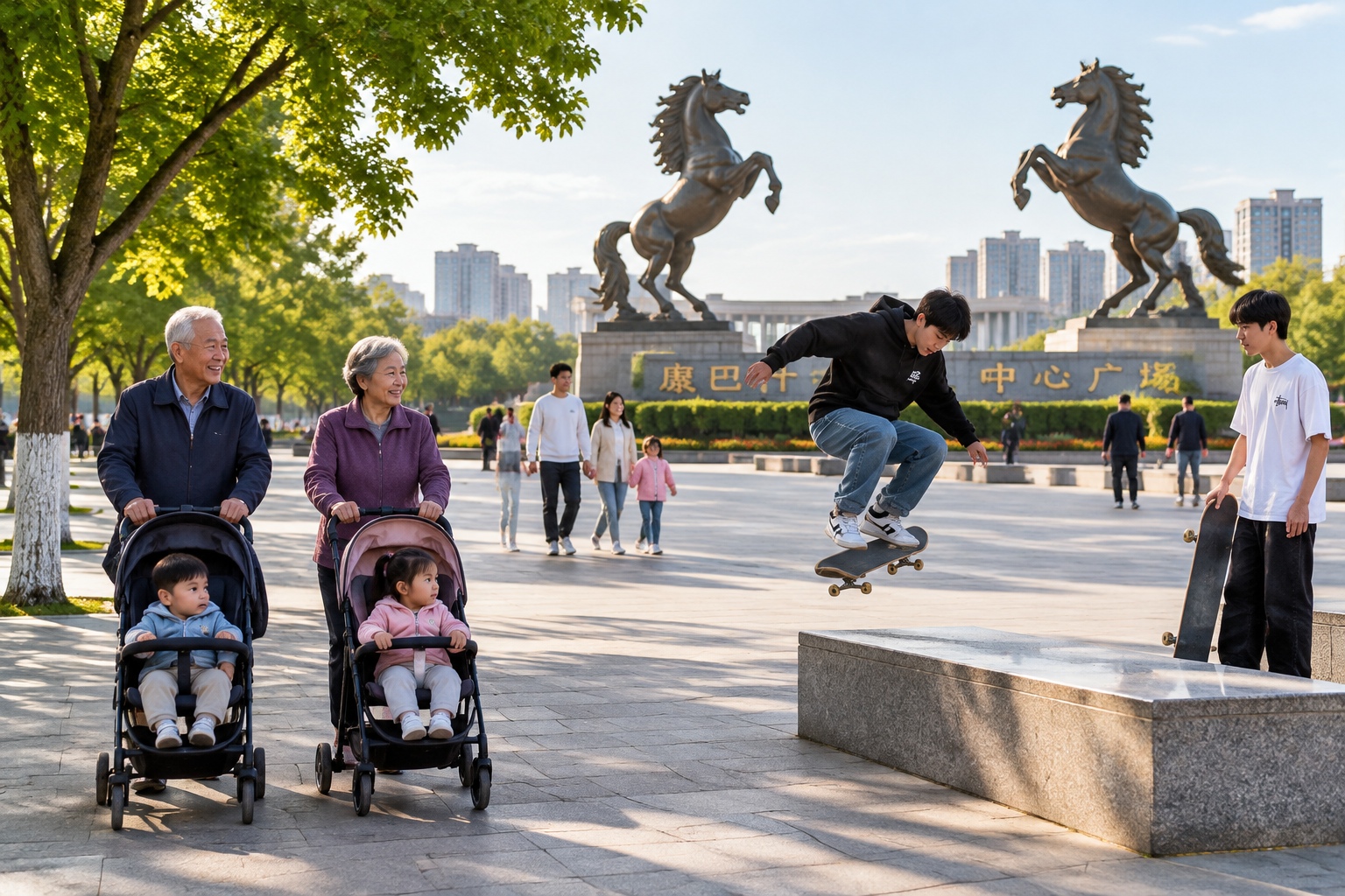 Families and teenagers using Kangbashi central square in the late afternoon beside the large bronze horse statues