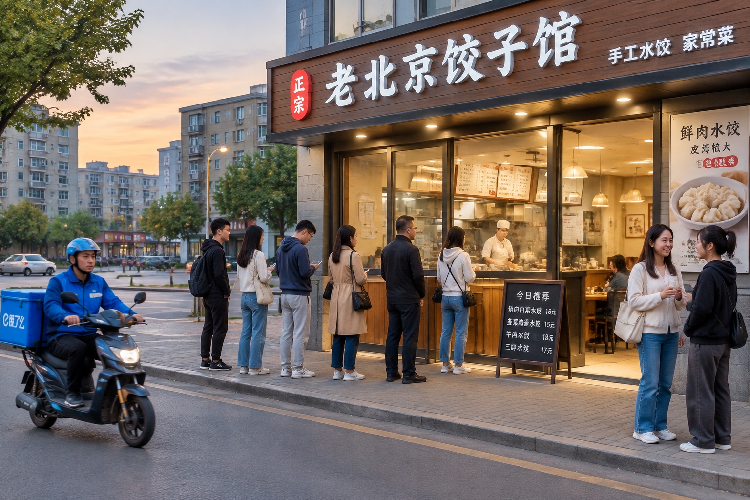 A lively Kangbashi street at dusk with a dumpling shop queue and a food-delivery scooter, showing ordinary city life