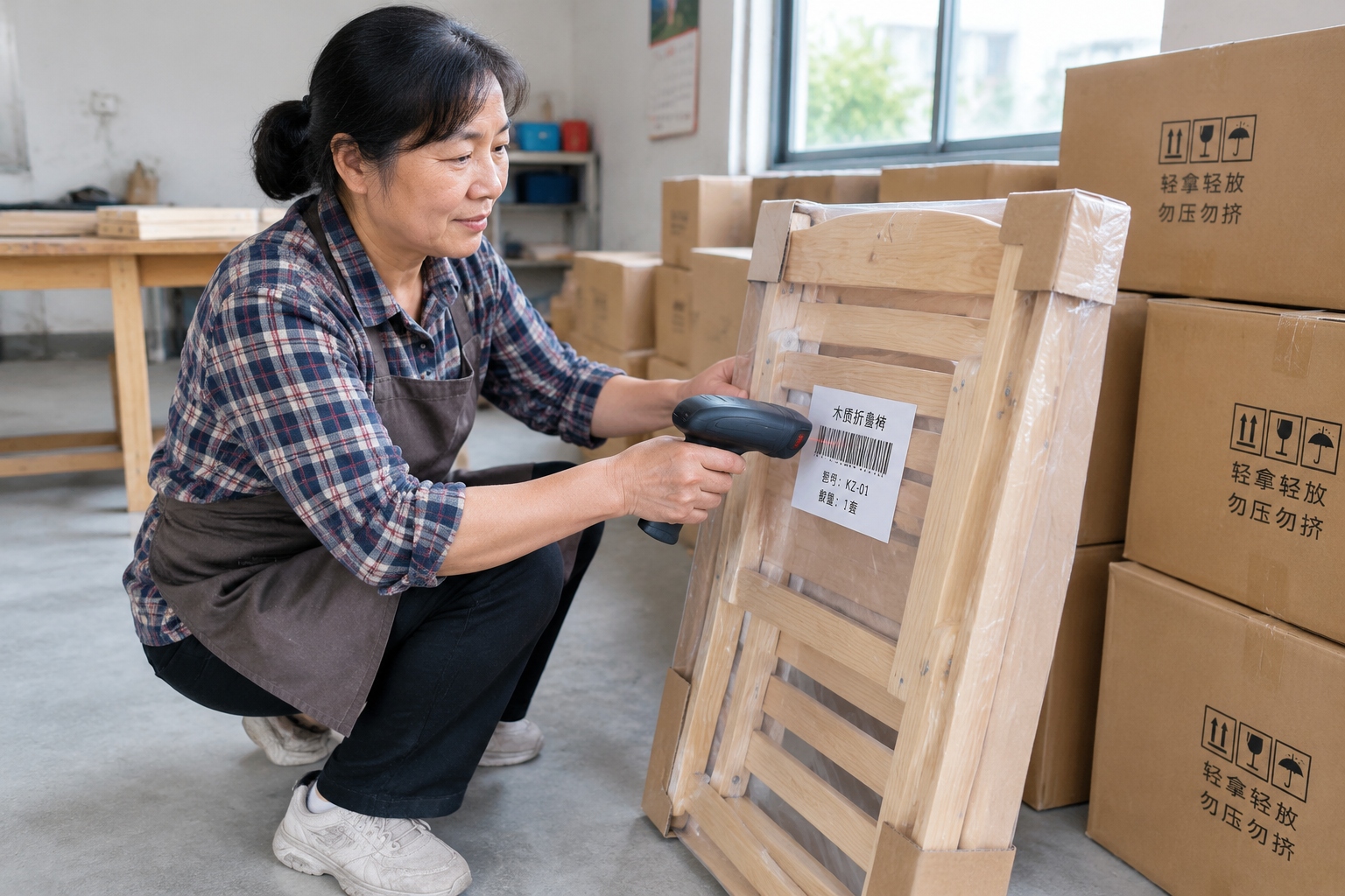 A middle-aged woman scanning a barcode on packaged furniture inside a rural Chinese e-commerce home workshop
