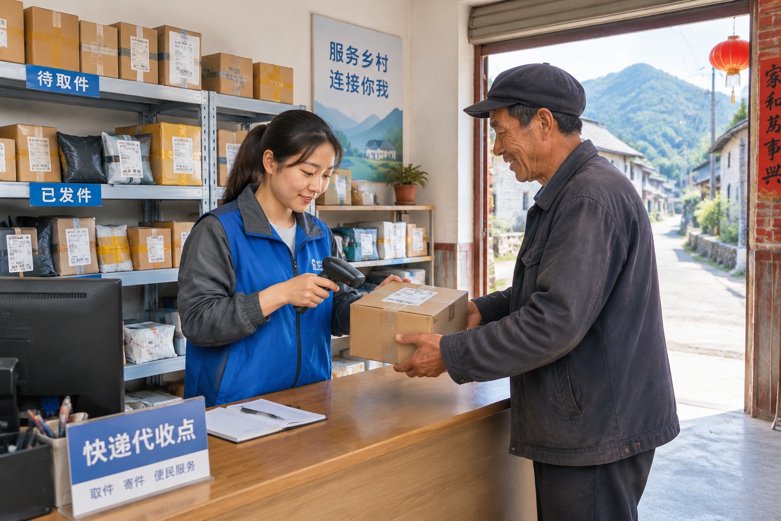 A small village logistics and parcel pickup point in rural China with stacked packages ready for delivery