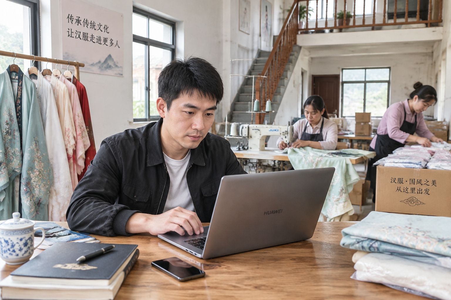 A young returning entrepreneur managing an online clothing workshop in a rural Chinese village with workers sewing in the background