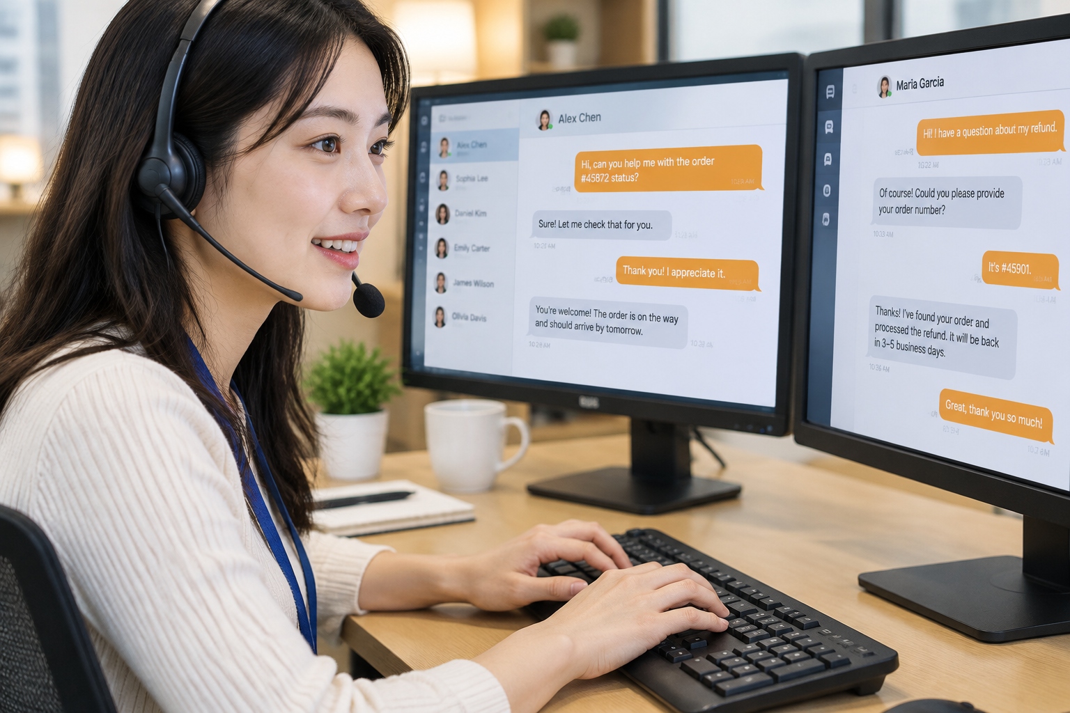 Taobao customer service representative typing replies to shoppers on dual monitors filled with chat windows