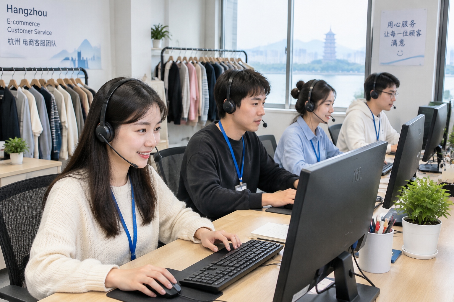 A small Taobao shop customer service team working side by side at shared desks with clothing samples in the background