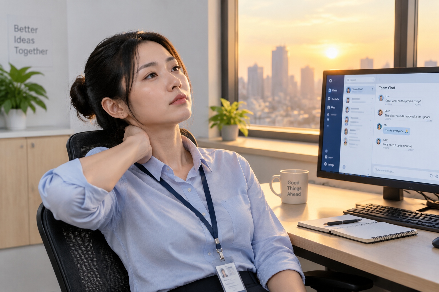 A young customer service worker stretching her neck at her desk after a long shift handling online shoppers