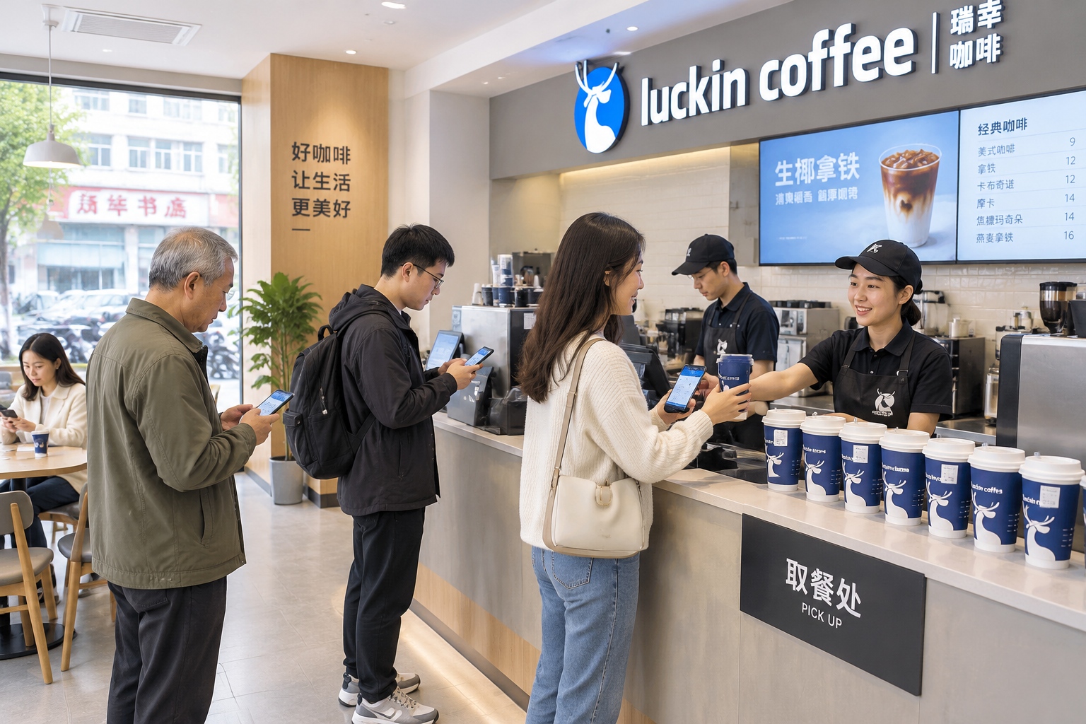 The $5 Cup of Coffee in Rural China: Understanding the County-Level Consumption Upgrade 24 A busy chain coffee store in a Chinese county town with customers ordering through a smartphone app
